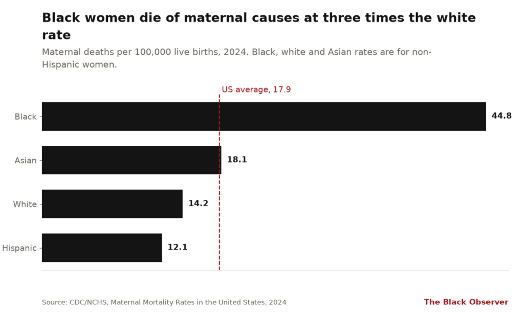 Bar chart of 2024 US maternal deaths per 100,000 live births: Black 44.8, Asian 18.1, white 14.2, Hispanic 12.1, against a national average of 17.9