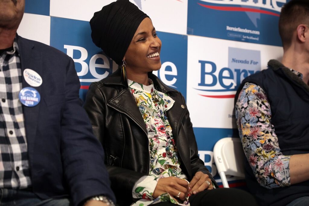 Rep. Ilhan Omar speaking at a campaign event in Las Vegas